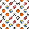 Volleyball, soccer ball, american football or rugby and basketball balls seamless pattern. Royalty Free Stock Photo